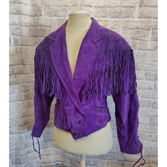 VTG Purple Suede Leather Fringe Jacket Western Style Women's Medium Conchos - Picture 1 of 10